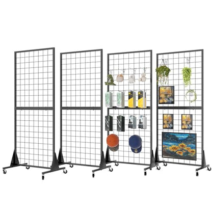 2' x 5.5' Grid Wall Panels Standing Wire Grid, Study Display Rack with T-Base Wheels Freestanding Gridwall Panel Tower for Shows, Black (4) (4) - size: 4