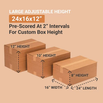 BOX USA Shipping Boxes Multi-Depth 24"L x 16"W x 12"H, 15-Pack | Corrugated Cardboard Box for Packing, Moving and Storage - style: Multi-Depth