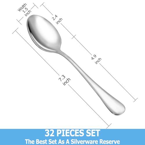 32 Pcs Dinner Spoon Set,Premium Food Grade Stainless Steel Spoons,Durable Metal Spoon,Tablespoon,Spoons Silverware Only,Mirror Finish & Dishwasher Safe,Use for Home,Kitchen and Restaurant - 7.3 inch - color: Silver