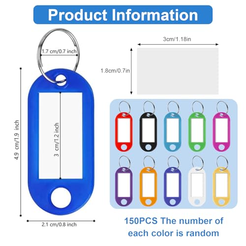 150 Pcs Key Tags, Plastic Key Labels with Split Ring Label Window, Colored Key Chain Label Tags for Home, Office,Luggage, Bags, Suitcases, Backpacks,ID Tags, 10 - Colors