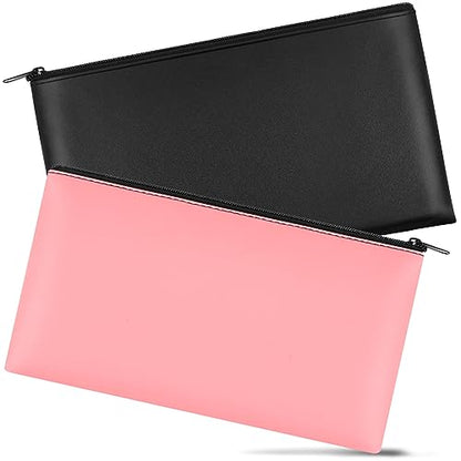 2 PCS Money Bag 11"x6.1", Safe Durable Waterproof Bags With Zipper for Cash, Coin Bank PU Leather Pouch, Bank Bags for Checks, Cosmetics, Bills, Receipts, Tool Storage - color: 1 Pieces Black & 1 Pieces Pink