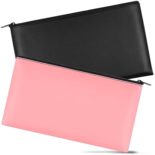2 PCS Money Bag 11"x6.1", Safe Durable Waterproof Bags With Zipper for Cash, Coin Bank PU Leather Pouch, Bank Bags for Checks, Cosmetics, Bills, Receipts, Tool Storage - color: 1 Pieces Black & 1 Pieces Pink