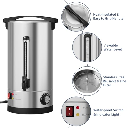 70-Cup Commercial Coffee Urn, 10L / 2.6Gal Double Wall Insulation Coffee Dispenser, Stainless Steel Large Hot Beverage Dispenser with Automatic Temperature Control & Faucet for Party Buffet, Silver - color: Silver, size: 10L/2.6Gal