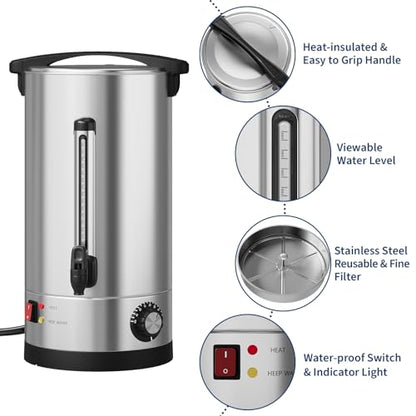 110-Cup Commercial Coffee Urn, 16L /4.2 Gal Double Wall Insulation Coffee Dispenser, Stainless Steel Large Hot Beverage Dispenser with Automatic Temperature Control & Faucet for Party Buffet, Silver - color: Silver, size: 16L/4.2Gal