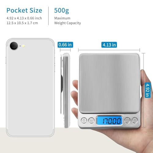 Digital Scale Kitchen 500g 0.01g Food Scale High Precision Kitchen Scale Multifunctional Stainless Steel Pocket Scale with Back-Lit LCD Display Tare PCS Features, 9 Weighing Units Switch