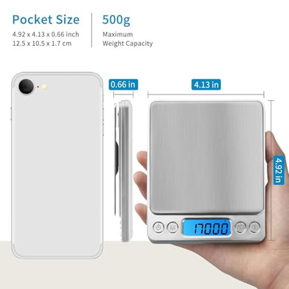 Digital Scale Kitchen 500g 0.01g Food Scale High Precision Kitchen Scale Multifunctional Stainless Steel Pocket Scale with Back-Lit LCD Display Tare PCS Features, 9 Weighing Units Switch
