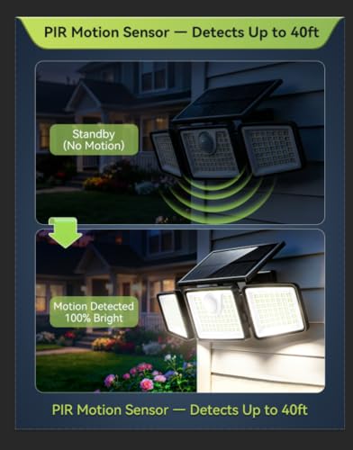 daphino 2500LM Solar Lights, Motion Sensor Outdoor Lights, 3-Head, 1 Pack - size: 3Head-Non-Remote-1 Pcs