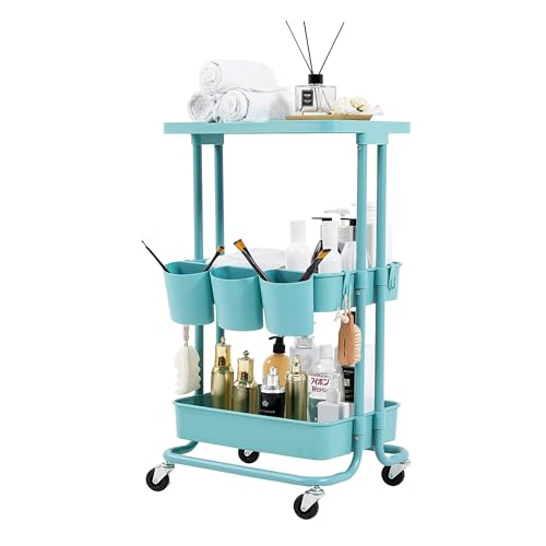 BEEY Metal Storage Baskets with Wheels, Metal Wire Market Basket Storage Organizer Cart Rolling Stackable Storage Bins for Kitchen,Pantry,Bedroom (Blue, 3 Tier-3700)