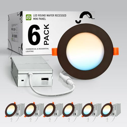 ASD 6 Pack LED Recessed Lighting 4 Inch 9W, 5 CCT 2700K-5000K CRI90+, IC Rated Ultra Thin Dimmable Ceiling Lights with J Box, Canless Wafer Downlight, Round Slim Panel Light, Energy Star ETL, Bronze - color: Bronze, size: 4 Inch 6 Pack