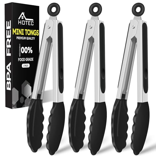 HOTEC Small Silicone Kitchen Tongs 7-Inch Mini Serving Tongs, Set of 3 - color: Black