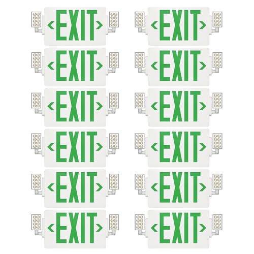 Spectsun 12 Packs Exit Signs with Emergency Lights,120-277VAC -LED Combo Emergency Light with Backup Battery-Double Face UL Listed Green Letter Exit Sign Lighting-Hard Wired-Fire Resistant - color: SPJLECD2GW-WT-12