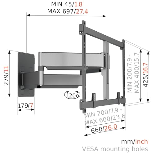 Vogel's TVM 5855 Full-Motion Ultra Strong TV Wall Mount for Large and Heavy TVs up to 100 inches and 165 lbs, Swivels up to 120°, Max. VESA 600x400, Universally Compatible - color: Black, size: 55-100", 120°, Max. 165 lbs