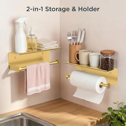 FORIOUS Wall Mount Paper Towel Holder with Shelf for Kitchen, Brushed Gold - color: Brushed Gold