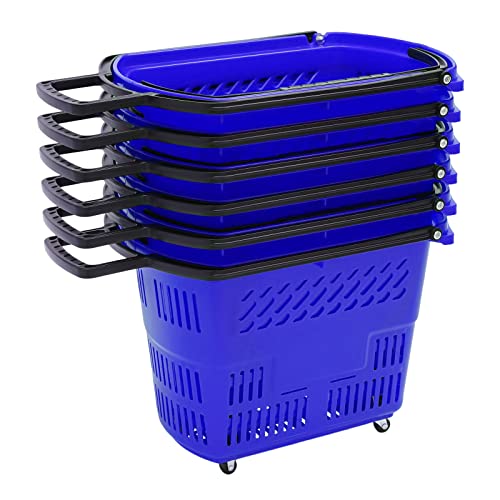 6 PCS Shopping Basket with Handles, 9.2Gal Plastic Rolling Shopping Baskets w/Wheels for Retail Supermarket Fruit Stores