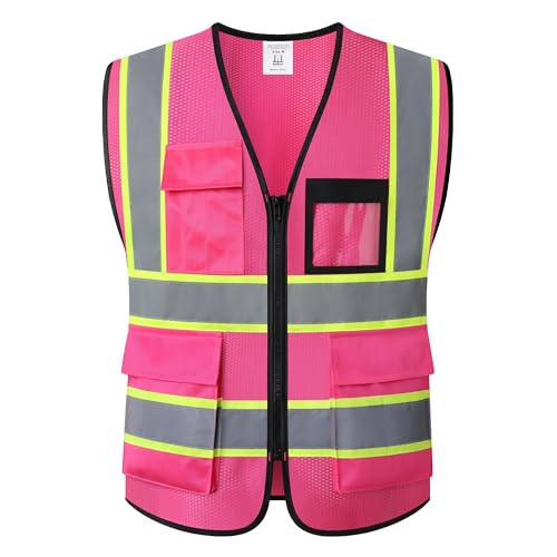 Reflective Safety Vest for Men Women Hi Vis Vest with 8 Pockets High Visibility Mesh Reflective Vest (Pink-07,Large) - color: Pink, size: Large