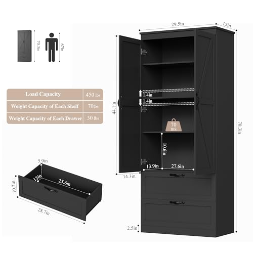 HOSTACK 70" Kitchen Pantry Storage Cabinet, Farmhouse Pantry Cabinet, Black - color: Black