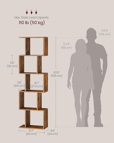 VASAGLE 5-Tier Bookcase, Open Storage, 15.7 x 9.4 x 62.8 Inches - color: Rustic Brown, style: 5-Tier (15.7"W)