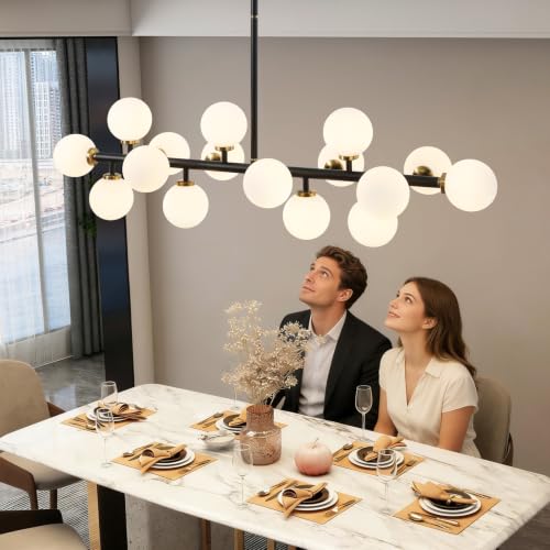 Black and Gold Chandelier Modern Rectangle Chandelier Glass Globe Pendant Light Fixture Adjustable for Dining Living Room Kitchen Island 16-Light - color: BlackGold-40in