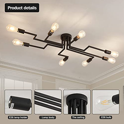 ZGLAOJTBlack 8-Light Ceiling Light, Modern Semi Flush Mount Ceiling Light Fixture,Metal Chandelier for Farmhouse Dining Room Living Room Bedroom Kitchen. - color: Black, size: 8-Light