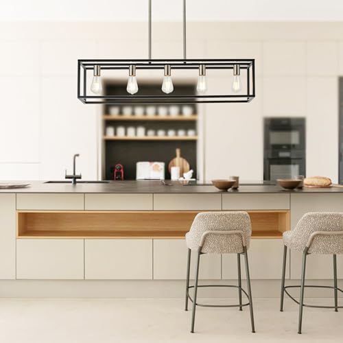 Black&Brushed Nickel Kitchen Island Lighting, Modern Linear Cage Retangular Chandelier, 5 Lights Industrial Metal Hanging Light Fixture for Farmhouse Kitchen Dining Room Bar Foyer - color: Black & Brushed Nickel, size: 5 Lights