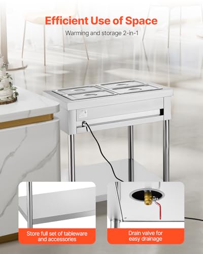 VEVOR 4-Pan Commercial Food Warmer, 4 x 1/2 Pans Electric Steam Table, 1500W Professional Buffet Catering Food Warmer with Undershelf, Stainless Steel Server for Restaurant Party Hotel - size: 4-Pan