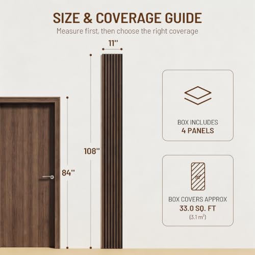 Amsleekey 4-Pack 108″x11″ Acoustic Wood Wall Panels, 8 Hooks, Dark Walnut - color: Dark Walnut, size: 108 x 11 in - 4 pcs