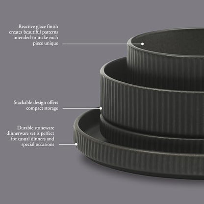 Gibson Elite Deerfield 16-Piece Stoneware Dinnerware Set – Matte Black Reactive Glaze Plates and Bowls, Stackable, Modern Design, Service for 4 – Microwave & Dishwasher Safe - color: Matte Black (Deerfield)