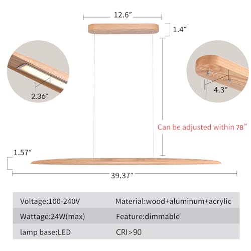 YISDESIGN 39" 24W Wood LED Linear Pendant Light Fixture Led Dining Room Light Dimmable Hanging Light Fixture for Dining Room Kitchen Island Pool Table Lights Natural Wood Color - color: Natural Ash, size: 39in