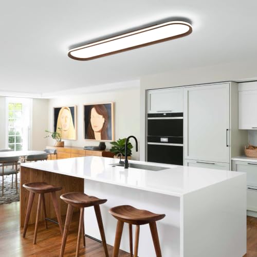 ADISUN Modern LED Ceiling Light Dimmable Linear Ceiling Light 39.4in Semi Flush Mount Long Lights with Remote Control and Side Lighting for Living Room Kitchen Dining Room Walnut - color: Walnut-1Pack, size: 39 Inch