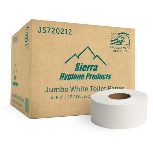 Sierra Hygiene 2-Ply Jumbo Toilet Paper, 3.5"x720', 12 Rolls, USA