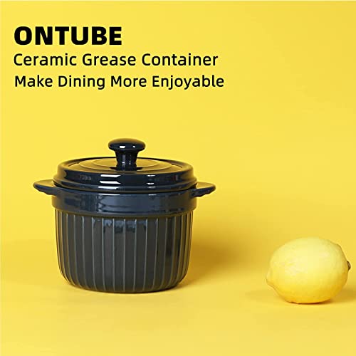ONTUBE Ceramic Bacon Grease Container Keeper with Strainer 17oz, Navy - color: Navy