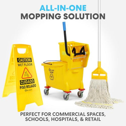 Simpli-Magic Side Press Wringer Combo Commercial Mop Bucket on Wheels, 35 Quart,Yellow, Including Wet Floor Caution Sign and Set, Polyethylene - color: Yellow - Set