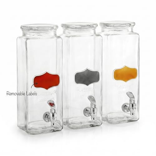 Circleware Triple XL Tall Yorkshire Beverage Drink Dispensers with Black Lids and Black Metal Stand, 2.3 L, Clear