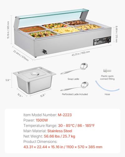 VEVOR Commercial Food Warmer, 1500W Electric Stainless Steel Steam Food Warmer with Glass Cover, 6 x 1/2 Size Pans Buffet Bain Marie with Soup & Perforated Ladles, for Catering, Restaurant & Party - size: 6x1/2Pan ;72QT
