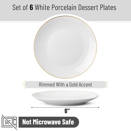 BTaT- White Dessert Plates with Gold Rim, Set of 6, 8" Round, Porcelain, Elegant Style, Dinner Plates - color: White with Gold rim, size: 8 inch, Set of 6