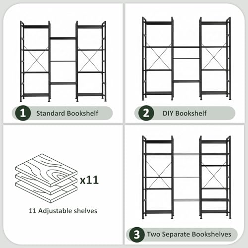 Triple Bookshelf, Free Standing Bookcase with Open Storage Shelves - color: Classic Black, size: 11 Tier
