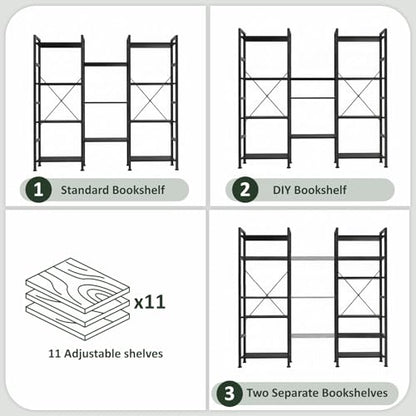 Triple Bookshelf, Free Standing Bookcase with Open Storage Shelves - color: Classic Black, size: 11 Tier
