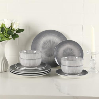 Sweejar Ceramic Dinnerware Service of 4,12 pcs Plate and Bowls for Kitchen - color: Gray, style: Service for 4 (12PCS)