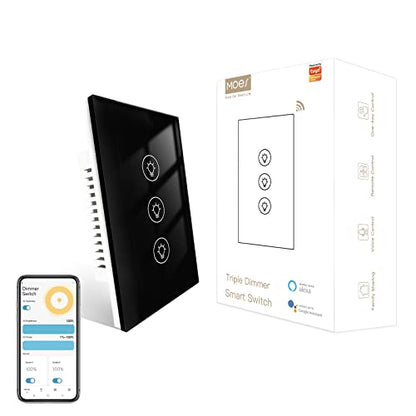 MOES Triple Dimmer Switch for LED Lights, Full Range Dimming, WiFi Smart Light Switch Neutral Wire Required, Single Pole, 300W INC, 75W LED/CFL, Smart Life/Tuya APP Remote Control, Black - color: Black, size: Triple Dimmer Switch
