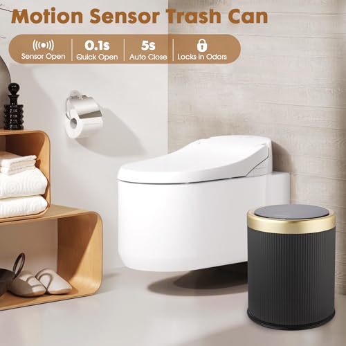 Automatic Bathroom Trash Can with Lid,Small Wastebasket Gold Black - color: Black and Gold, size: 2.8 Gallon