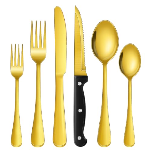 24-Piece Gold Silverware Set with Steak Knives Stainless Steel Flatware Set for 4 Food Grade Tableware Cutlery Set Rust-proof, Mirror Polished, Dishwasher Safe - size: 24Pcs-C