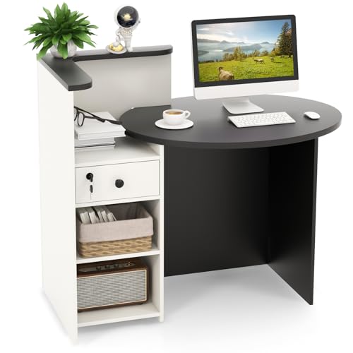 MAT EXPERT Reception Desk, Front Desk with Open Shelves, Lockable Drawer, Round Tabletop, Checkout Counter, Retail Counter, Computer Workstation for Office (White Cabinet & Black Desktop) - color: White Cabinet & Black Desktop
