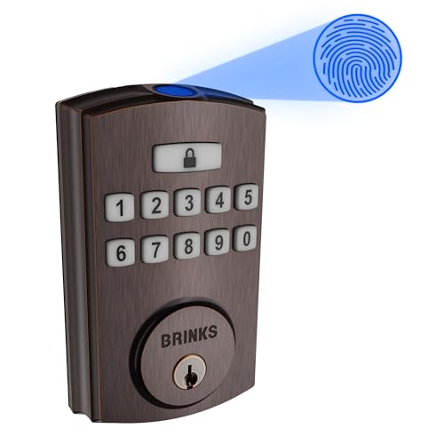 Brinks Fingerprint Door Lock, Keyless Entry Biometric Lock, Electronic Keypad Fingerprint Deadbolt with Auto-Locking, Front Door Lock and Interior Knob Set, Easy Installation, Tuscan Bronze - color: Tuscan Bronze, style: Deadbolt