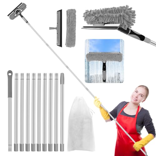 3-in-1 Squeegee for Window Cleaning: 20+ Ft Long Reach Cleaner Tool Grey - color: Gray