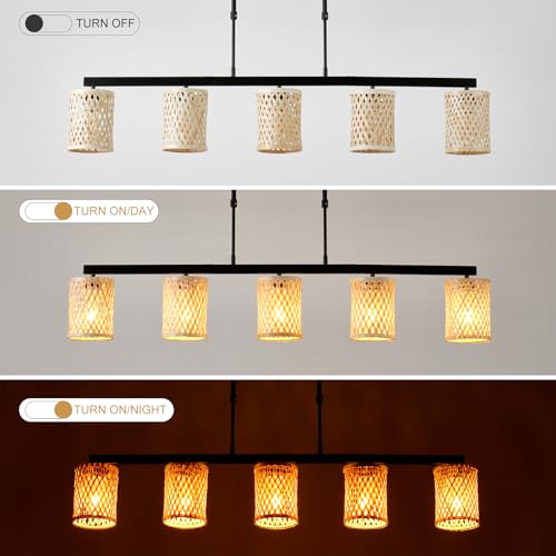Siittoo 44.49 in Rattan Chandelier, Linear Kitchen Island Pendant Light - color: 44.49 in/Pale straw yellow-5-light