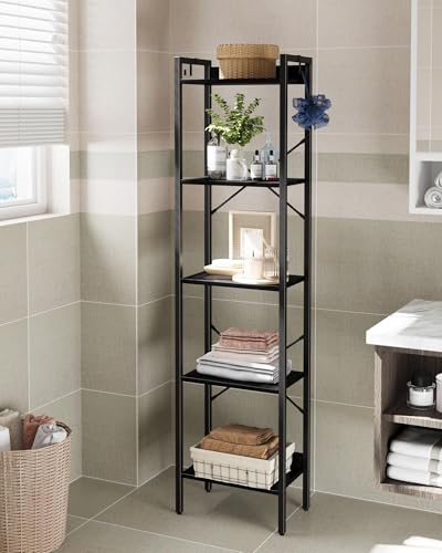 Hzuaneri Bookshelf, Book Shelf, Industrial Bookcase with 2 Hooks - color: Black, size: 9.4"D x 15.7"W x 63"H