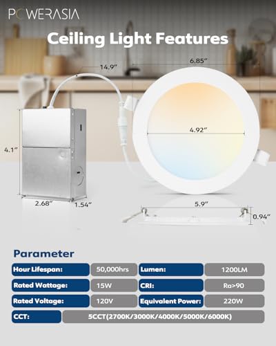 POWERASIA 2 Pack 6 Inch LED Recessed Lighting, 5CCT Canless Wafer, White - color: 2P-5CCT-WH, size: 6INCH