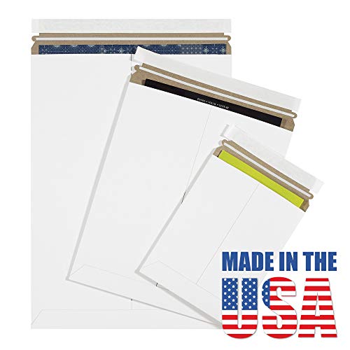 BOX USA 11 x 13 1/2" Stayflats Brand Rigid Flat Mailers, White (Pack of 25) Photo Document Mailers, Peel & Seal Closure, Tear Strip Easy Opening.