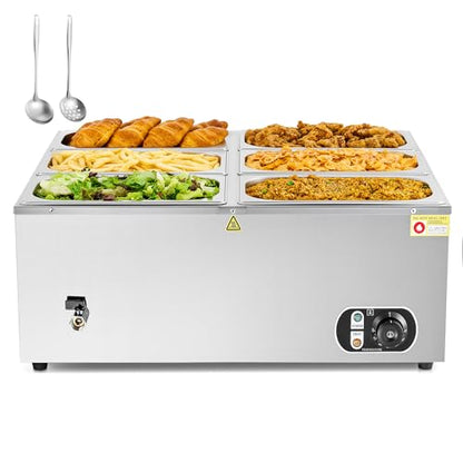 WILPREP Commercial Food Warmer with Six 1/3 Pans, 1500W Countertop Electric Warmer, 86-185°F Adjustable Temp Control & Over-Temp Protection, Stainless Steel Buffet Bain Marie - size: 1/3 pan*6