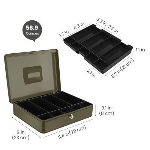 Flexzion Small Cash Box with Money Tray and Lock, 11.4-Inch, Green - color: Green